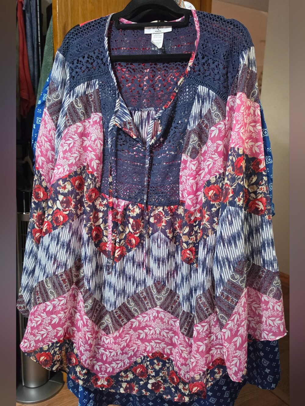 MOA MOA Crepe Patchwork Peasant Top in Navy and Pink